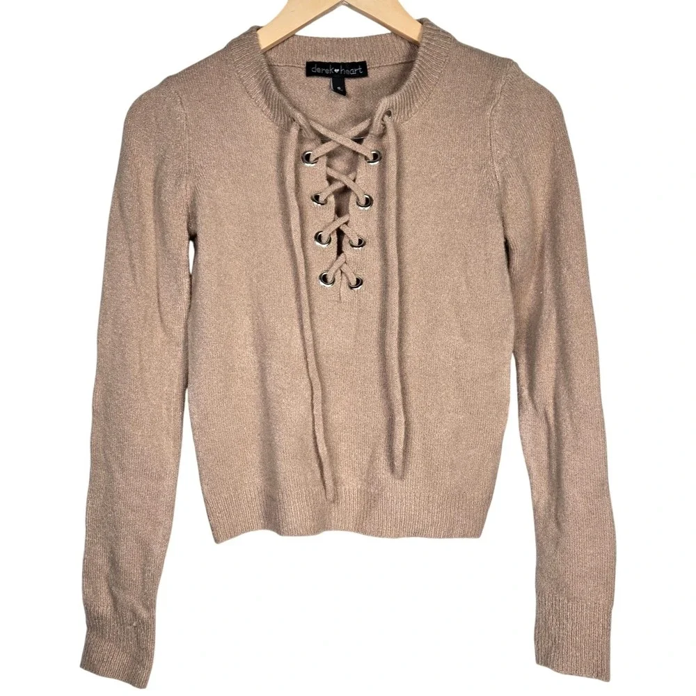 Derek Heart Women S Beige Lace Up Sweater Knit Long Sleeve Casual Top